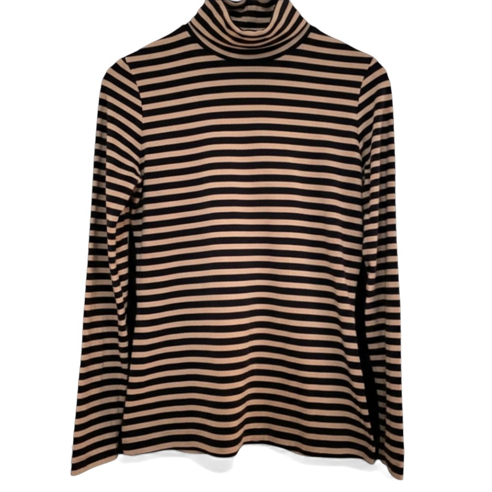 LANDS END Turtleneck T-Shirt Top FITTED TAN/BLACK STRIPES Cotton Blend Jersey M